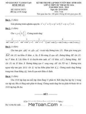 Đề thi chọn HSG cấp tỉnh Toán 12 năm 2018 - 2019 sở GD&ĐT Bình Thuận (Vòng 2)