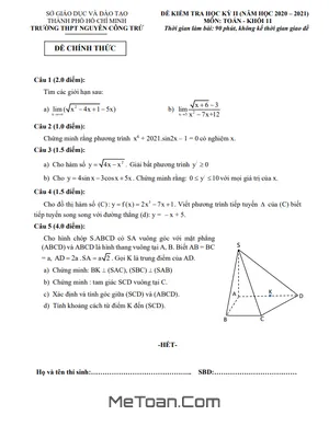 Đề thi HK2 Toán 11 năm 2020 - 2021 trường THPT Nguyễn Công Trứ - TP HCM