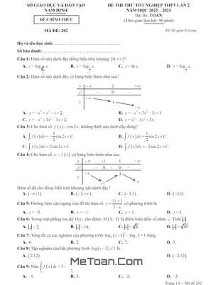 Đề thi thử tốt nghiệp THPT 2024 môn Toán lần 2 sở GD&ĐT Nam Định