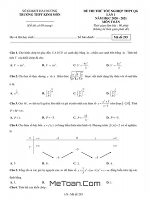 Đề thi thử tốt nghiệp THPT QG 2021 lần 1 môn Toán trường THPT Kinh Môn - Hải Dương