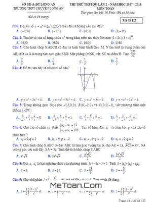 Đề thi thử THPTQG 2018 môn Toán trường THPT chuyên Long An lần 2 mã đề 123