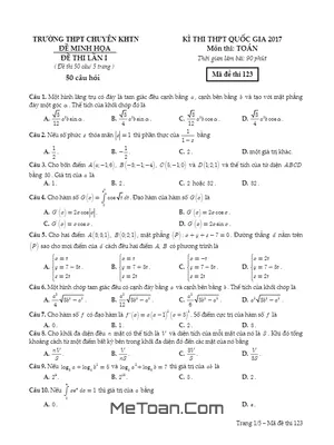 Đề Thi Thử THPT Quốc Gia 2017 Môn Toán Trường THPT Chuyên KHTN - Hà Nội Lần 1