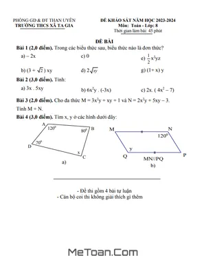 Đề khảo sát tháng 9 Toán 8 năm 2023 - 2024 trường THCS Xã Ta Gia - Lai Châu - Đáp án