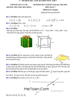 Trọn bộ 22 Đề thi tham khảo cuối kỳ 1 Toán 7 năm 2023 – 2024 phòng GD&ĐT Củ Chi