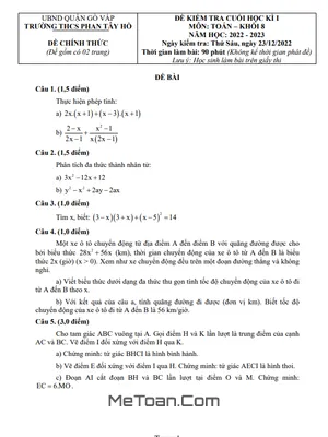 Đề thi học kì 1 Toán 8 năm 2022 - 2023 trường THCS Phan Tây Hồ - TP.HCM (có đáp án)
