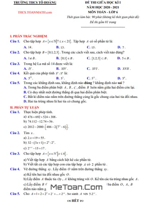 Đề thi giữa kì 1 môn Toán lớp 6 năm 2020 - 2021 trường THCS Tô Hoàng - Hà Nội