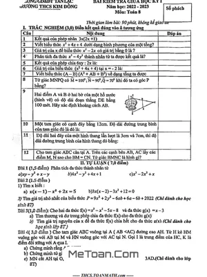 Đề thi giữa học kỳ 1 Toán 8 năm 2022 - 2023 trường THCS Kim Đồng - Hòa Bình