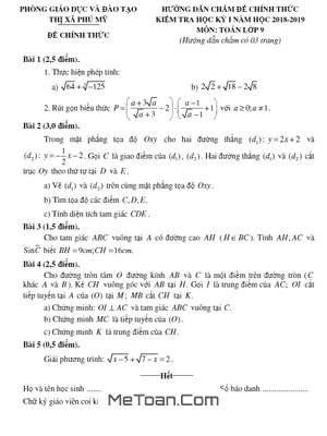Đề thi HK1 Toán 9 năm 2018 - 2019 phòng GD&ĐT Thị Xã Phú Mỹ - Bà Rịa - Vũng Tàu