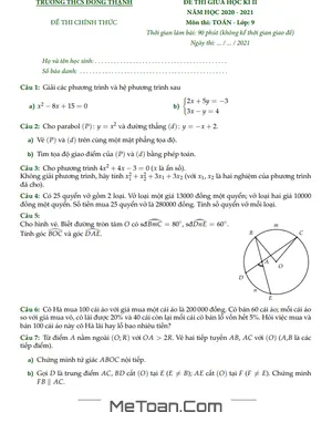 Đề thi giữa kì 2 Toán 9 năm 2020 - 2021 trường THCS Đông Thạnh - TP HCM