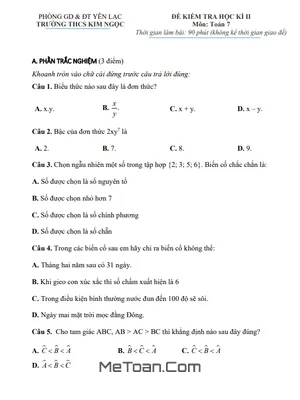 Đề thi học kì 2 Toán lớp 7 năm 2022 - 2023 trường THCS Kim Ngọc - Vĩnh Phúc (có đáp án)