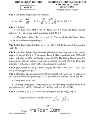 Đề khảo sát đợt 2 Toán 9 năm 2022 - 2023 phòng GD&ĐT Đức Thọ - Hà Tĩnh