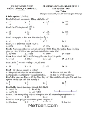 Đề thi học kì 2 Toán lớp 6 năm 2022 - 2023 phòng GD&ĐT Hưng Hà - Thái Bình