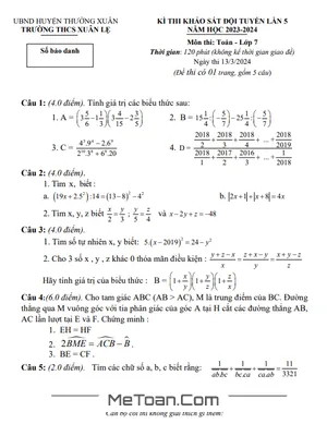 Đề khảo sát đội tuyển Toán 7 lần 5 năm 2023 - 2024 trường THCS Xuân Lẹ - Thanh Hóa