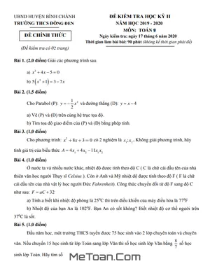 Đề thi học kì 2 Toán 9 năm 2019 - 2020 trường THCS Đồng Đen - TP HCM