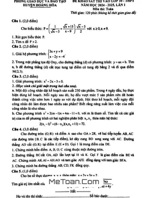 Đề KSCL Toán vào lớp 10 lần 1 năm 2024 - 2025 phòng GD&ĐT Hoằng Hóa - Thanh Hóa