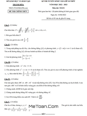 Đề thi tuyển sinh lớp 10 THPT môn Toán năm 2022 - 2023 Sở GD&ĐT Thanh Hóa