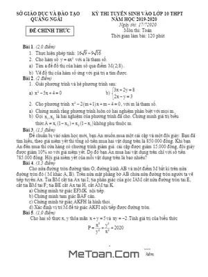 Đề thi tuyển sinh lớp 10 môn Toán năm 2020 - 2021 Sở GD&ĐT Quảng Ngãi