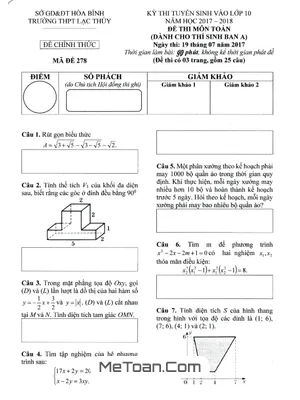 Đề thi tuyển sinh lớp 10 môn Toán năm 2017-2018 trường THPT Lạc Thủy - Hòa Bình (Ban A) - Cấu trúc đề thi và đáp án
