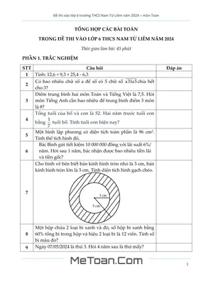 Đề Thi Tuyển Sinh Vào Lớp 6 Trường THCS Nam Từ Liêm Năm 2024 Môn Toán