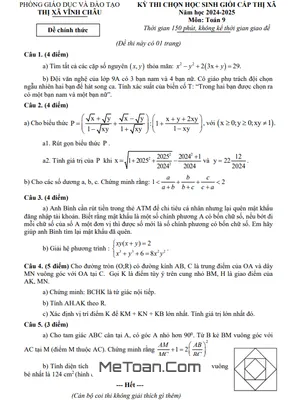 Đề thi chọn học sinh giỏi Toán 9 năm 2024 - 2025 phòng GD&ĐT Vĩnh Châu - Sóc Trăng