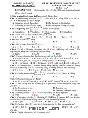 Bộ Đề Tham Khảo Toán Vào 10 Năm 2025 - 2026 Phòng GD&ĐT Ba Đồn - Quảng Bình