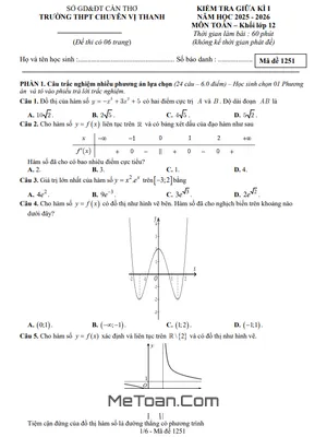 Đề thi giữa kì 1 Toán 12 năm 2025 - 2026 THPT chuyên Vị Thanh, Cần Thơ (có đáp án)