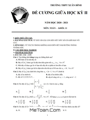 Đề Cương Ôn Tập Giữa Kì 2 Môn Toán Lớp 11 Năm 2020 - 2021 Trường THPT Xuân Đỉnh - Hà Nội