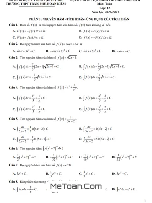 Ôn Tập Giữa Kì 2 Toán 12 Năm 2022 - 2023 Trường THPT Trần Phú - Hà Nội
