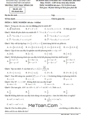 Đề thi học kỳ 1 Toán 10 năm 2022 - 2023 trường THPT Mạc Đĩnh Chi (có lời giải)