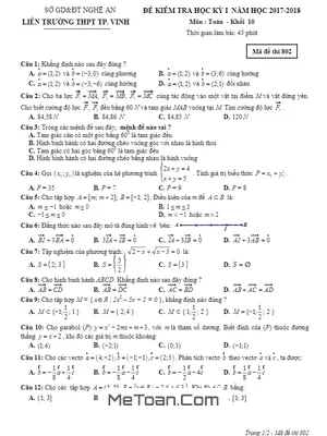 Đề kiểm tra HK1 Toán 10 năm học 2017 - 2018 liên trường THPT thành phố Vinh - Nghệ An