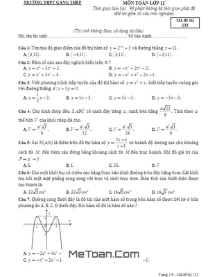Đề thi HK1 Toán 12 năm 2017-2018 trường THPT Gang Thép - Thái Nguyên (có đáp án)