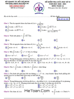 Đề thi giữa kỳ 2 Toán 12 năm 2020 - 2021 trường THPT Nguyễn Du - TP HCM
