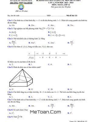 Đề KSCL Toán 12 Lần 1 Năm 2024 Trường THPT Ba Đình - Thanh Hóa