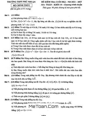 Đề thi cuối kỳ 2 Toán 10 năm 2022-2023 trường THPT Phú Nhuận - TP.HCM