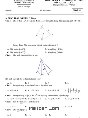 Đề thi học kì 1 Toán 11 năm 2023 - 2024 trường THPT Sào Nam - Quảng Nam