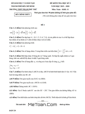 Đề thi học kì 1 Toán 11 năm 2019 - 2020 trường THPT Phạm Phú Thứ - TP.HCM (có đáp án)