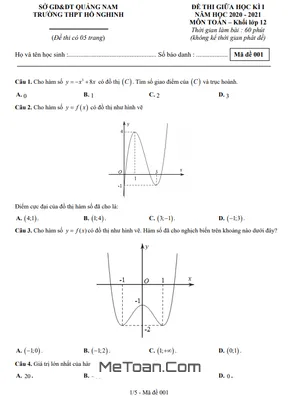 Đề thi giữa HK1 Toán 12 năm 2020 - 2021 trường THPT Hồ Nghinh - Quảng Nam