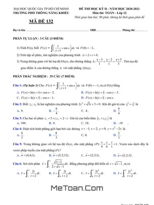 Đề thi HK2 Toán 12 năm 2020 - 2021 trường Phổ thông Năng khiếu - TP HCM