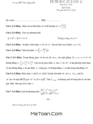 Đề thi HK2 môn Toán lớp 12 trường THPT Trần Quang Khải – TP. HCM năm học 2015 – 2016