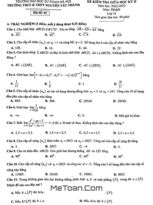Đề thi giữa kì 2 Toán 11 năm 2022 - 2023 trường Nguyễn Tất Thành - Hà Nội