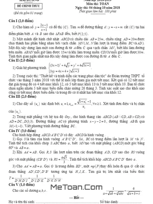 Đề thi chọn học sinh giỏi tỉnh Toán 12 THPT năm 2018 - 2019 sở GD&ĐT Hải Dương