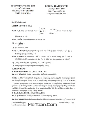 Đề thi học kì 2 Toán 11 năm 2019 - 2020 trường chuyên Trần Đại Nghĩa - TP HCM