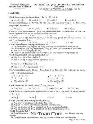 Đề thi thử THPT Quốc gia 2018 môn Toán trường THPT Bình Minh - Ninh Bình lần 2