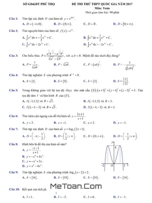 Đề Thi Thử THPT Quốc Gia 2017 Môn Toán Sở GD&ĐT Phú Thọ