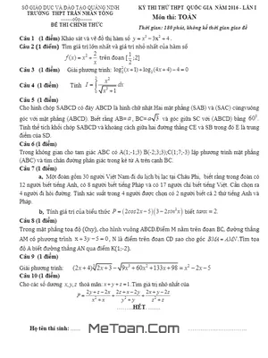 Đề thi thử THPT Quốc gia 2016 môn Toán trường Trần Nhân Tông – Quảng Ninh (Lần 1) có đáp án