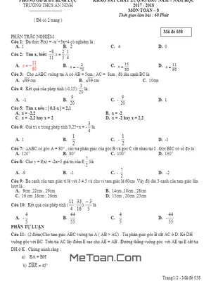 Đề KSCL Đầu Năm Lớp 8 Môn Toán Năm 2017-2018 Trường THCS An Ninh - Hà Nam