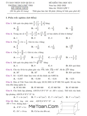 Đề thi học kì 1 Toán lớp 7 năm 2022 - 2023 trường THCS Phú Thọ - TP.HCM (có đáp án)