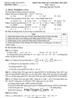 Đề thi học kì 1 Toán 8 năm 2022 - 2023 phòng GD&ĐT Hoài Đức - Hà Nội