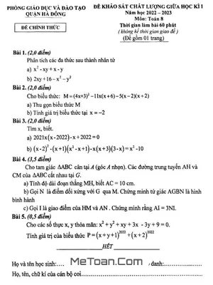 Đề thi giữa kì 1 Toán 8 năm 2022 - 2023 phòng GD&ĐT Hà Đông - Hà Nội