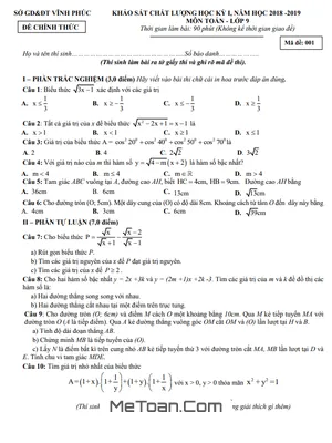 Đề thi học kỳ 1 Toán lớp 9 năm 2018 - 2019 Sở GD&ĐT Vĩnh Phúc